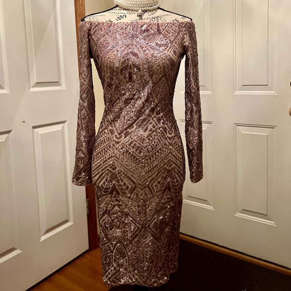 BCBGMaxAzria Rose Gold Sequined Eunice Off Shoulder Dress Fitted Bodycon